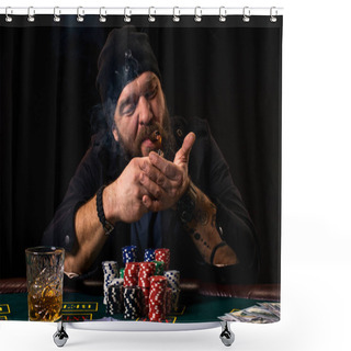 Personality  Bearded Man With Cigar And Glass Sitting At Poker Table In A Casino. Gambling, Playing Cards And Roulette. Shower Curtains