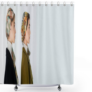 Personality  Profiles Of Stylish Women In Patterned Kerchiefs Isolated On Grey With Copy Space, Banner Shower Curtains