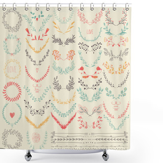 Personality  Big Collection Of Hand Drawn Floral Graphic Design Elements And Lines Border In Retro Style. Shower Curtains