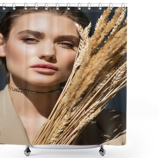 Personality  Young Woman In Beige Blazer Looking At Camera Near Wheat Spikelets On Dark Grey Shower Curtains