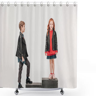 Personality  Adorable Little Kids Couple On Stairs Isolated On Grey Shower Curtains