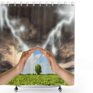 Personality  Two Hands Preserve A Green Tree Against A Thunder-storm Shower Curtains