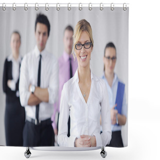 Personality  Business Woman Standing With Her Staff In Background Shower Curtains