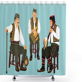 Personality  Traditional Wear Folklore Serbia Old Man Sitting Vector Illustration. Balkan Culture Grandfathers Vintage Dress Male With Villager Friends Who Crown Corn Cob On Farm Listening Guslar Play Gusle Music. Shower Curtains