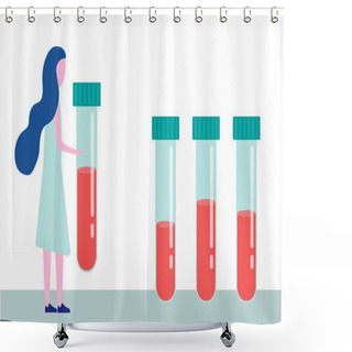 Personality  Blood Test, Dna Test, Medical Examination. Woman Carries A Test Tube With Blood. The Concept Of Medicine, Examination, And Analysis. Vector Illustration In A Flat Style Shower Curtains