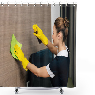 Personality  Young Beautiful Maid In Uniform Wiping Wood Wall With Rag And Aerosol Furniture Cleaner Shower Curtains