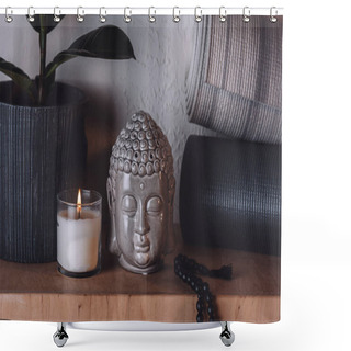 Personality  Sculpture Of Buddha Head And Yoga Mats On Wooden Shelf  Shower Curtains