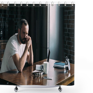 Personality  Depressed Young Man Sitting On Kitchen With Laptop And Looking Away Shower Curtains