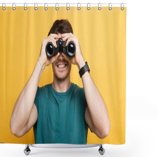 Personality  Cheerful Man Looking Through Binoculars On Yellow Shower Curtains