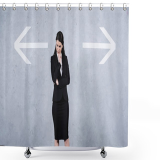 Personality  Pensive Businesswoman In Suit Standing Near Arrows On Grey  Shower Curtains
