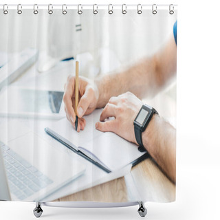 Personality  Partial View Of Person Wearing Smartwatch And Taking Notes At Workplace  Shower Curtains