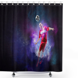 Personality  Boy Playing Soccer Hitting The Ball Shower Curtains