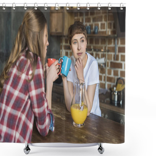 Personality  Attractive Young Women Drinking Coffee Together On Kitchen Shower Curtains