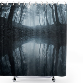 Personality  Lake In Dark Forest With Mysterious Fog Shower Curtains