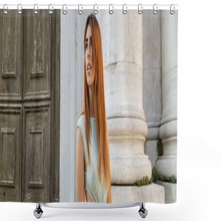 Personality  Young Redhead Woman Looking Away Near Building With Wooden Doors In Venice, Banner Shower Curtains