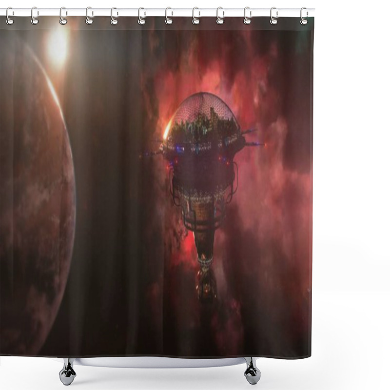 Personality  Going To The Space Station Near The Planet And Nebula. 3d Illustration Shower Curtains