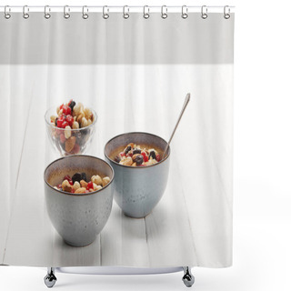 Personality  Bowls With Muesli, Dried Berries And Nuts Served For Breakfast On White Table Isolated On Grey Shower Curtains