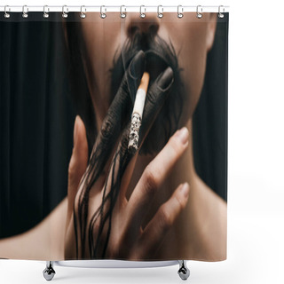 Personality  Selective Focus Of Woman With Black Painted Hand And Lips Smoking Cigarette Isolated On Black  Shower Curtains