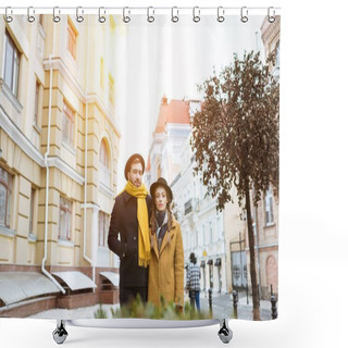 Personality  Beautiful Young Couple In Autumn Outfit On City Street Shower Curtains