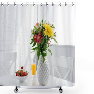 Personality  Delicious Pancakes With Strawberries And Flowers In Vase On Table Shower Curtains