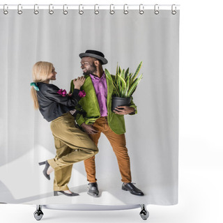 Personality  Smiling Interracial Stylish Couple With Green Plant In Flowerpot Posing On Grey Backdrop Shower Curtains