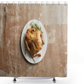 Personality  Top View Of Whole Grilled Turkey With Rosemary On Stone Textured Surface Shower Curtains