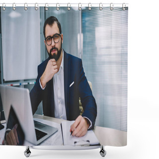 Personality  Half Length Portrait Of Successful Proud Ceo Dressed In Formal Wear Looking At Camera While Writing Down Financial Reports And Working At Modern Laptop Computer Sitting In Office Of Corporate Company Shower Curtains