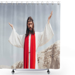 Personality  Low Angle View Of Jesus In Robe, Red Sash And Crown Of Thorns Standing With Raised Hands In Desert Shower Curtains