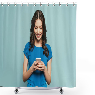 Personality  Cheerful Girl Smiling While Chatting On Smartphone Isolated On Blue Shower Curtains