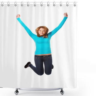 Personality  Young Woman Jumping With Joy Shower Curtains