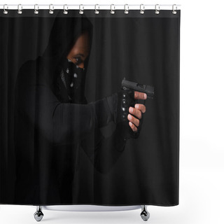 Personality  African American Bandit In Mask Holding Handgun Isolated On Black  Shower Curtains