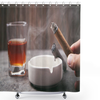 Personality  Glass Of Whisky, Ashtray And Cigars On The Table. Shower Curtains