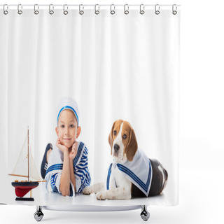 Personality  Smiling Preschooler Child In Sailor Suit With Toy Ship And Beagle Dog On White Shower Curtains