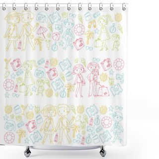 Personality  Family With Children Travel Mother, Father, Sister, Brother. Boys And Girls. Kindergarten, Preschool Children. School Kids. Adventure, Exploration And Family Vacation Or Holidays Beach, Diving Shower Curtains
