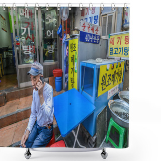 Personality  A Man Having A Smoke At Dongdaemun Market Area In Seoul Shower Curtains