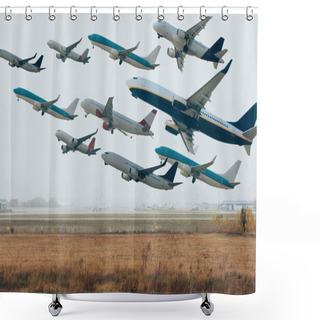 Personality  Cloudy Sky With Airplanes Above Airport Runway Shower Curtains