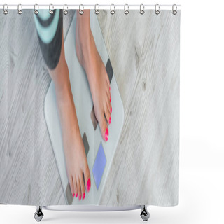 Personality  Cropped View Of Barefoot Woman Estimating Weight On Floor Scales, Banner Shower Curtains