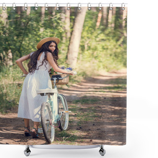 Personality  Young Woman In Straw Hat And White Dress Walking With Bicycle On Trail In Forest Shower Curtains