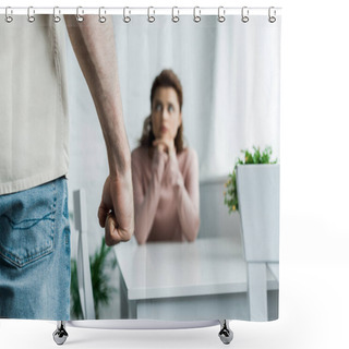 Personality  Selective Focus Of Angry Man Threatening With Fist While Standing Near Woman  Shower Curtains