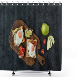 Personality  Top View Of Toasts With Fried Eggs For Breakfast On Wooden Cutting Board On Dark Surface Shower Curtains