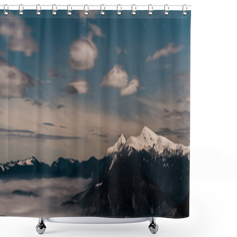 Personality  scenic view of snowy mountains with white fluffy clouds in evening, panoramic shot shower curtains