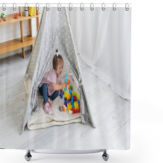 Personality  Toddler Girl With Down Syndrome Playing Building Blocks In Teepee Tent  Shower Curtains