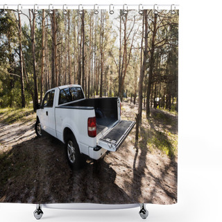 Personality  White Pickup Car With Opened Truck In Forest Shower Curtains