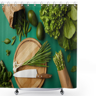 Personality  Top View Of Different Ripe Vegetables With Wooden Cutting Board And Knife On Green Surface Shower Curtains