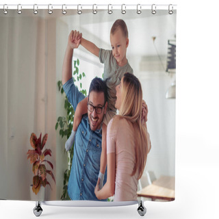 Personality  Happy Family Mother, Father And Child Spending Good Time At Home Shower Curtains
