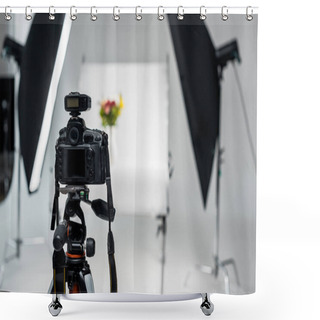 Personality  Close-up View Of Professional Photo Camera In Photo Studio  Shower Curtains