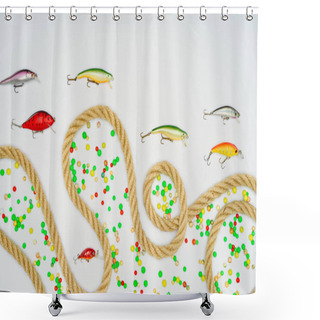 Personality  Elevated View Of Colorful Candies, Nautical Rope And Fishing Bait Isolated On White Shower Curtains