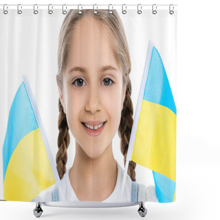 Personality  Portrait Of Smiling Patriotic Girl Near Ukrainian Flags Isolated On White Shower Curtains