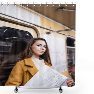 Personality  Young Woman With Newspaper Looking At Camera While Traveling In Metro Train Shower Curtains
