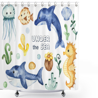 Personality  Underwater Creatures Shark, Dolphin, Fish Ball, Jellyfish, Seahorse, Algae, Corals. Watercolor Hand Drawn Clipart Shower Curtains